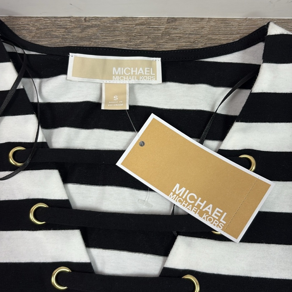 NEW Michael Kors Short Sleeve Lace Detailed Neckline Striped Dress Size Small - Picture 4 of 10